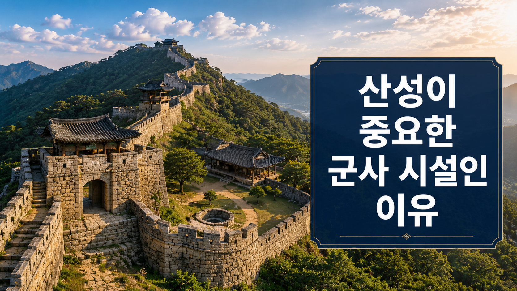 삼국시대 산성의 성벽과 성문, 망루를 사실적으로 표현한 한국 고대 군사 시설 대표 이미지.