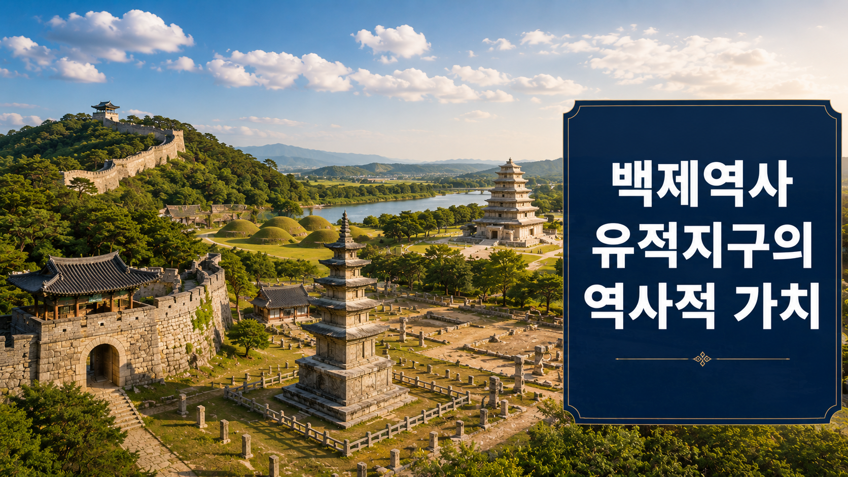 백제역사유적지구를 대표하는 부소산성, 정림사지, 공산성, 미륵사지 등을 사실적으로 표현한 대표 이미지.