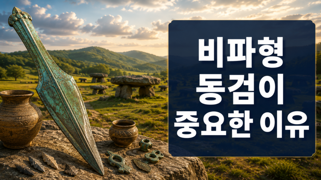 비파형 동검과 청동기시대 토기, 고인돌을 배경으로 고조선 청동기 문화를 표현한 역사 다큐멘터리 스타일 대표 이미지.