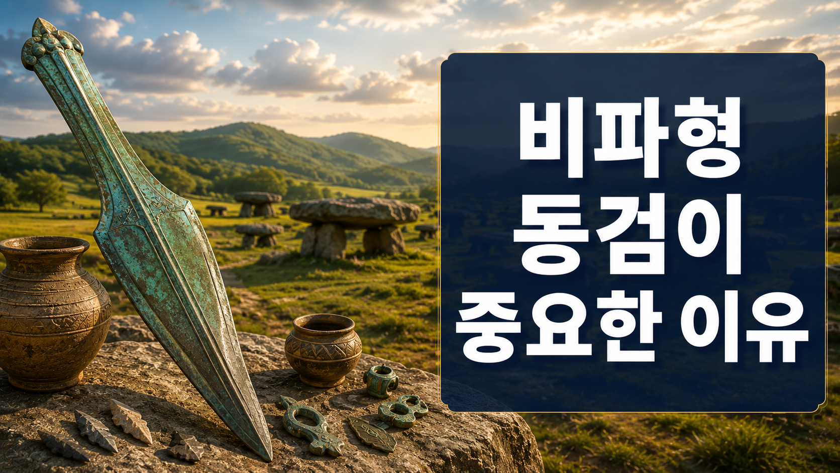비파형 동검과 청동기시대 토기, 고인돌을 배경으로 고조선 청동기 문화를 표현한 역사 다큐멘터리 스타일 대표 이미지.