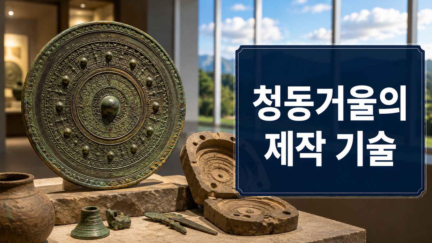 청동기시대 다뉴세문경을 중심으로 정교한 문양과 청동 제작 기술을 사실적으로 표현한 역사 다큐멘터리 스타일 대표 이미지.