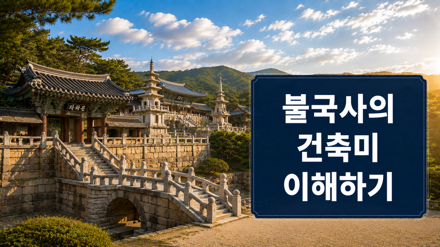 경주 불국사의 청운교와 백운교, 대웅전, 석가탑과 다보탑을 사실적으로 표현한 역사 다큐멘터리 스타일 대표 이미지.