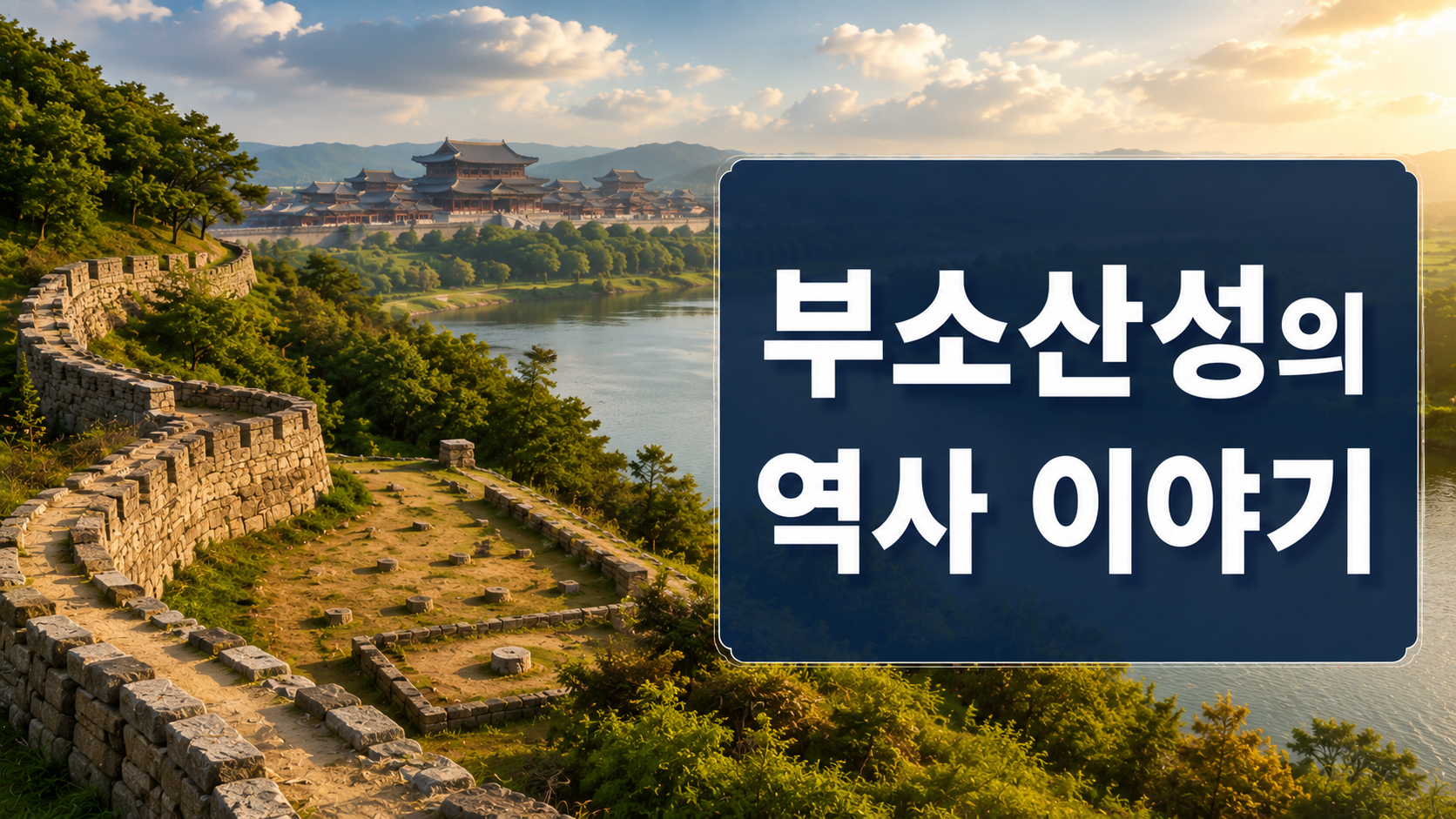 부소산성의 성벽과 백마강, 백제 사비시대 왕궁 복원 이미지를 배경으로 백제 왕도의 역사를 표현한 대표 이미지.