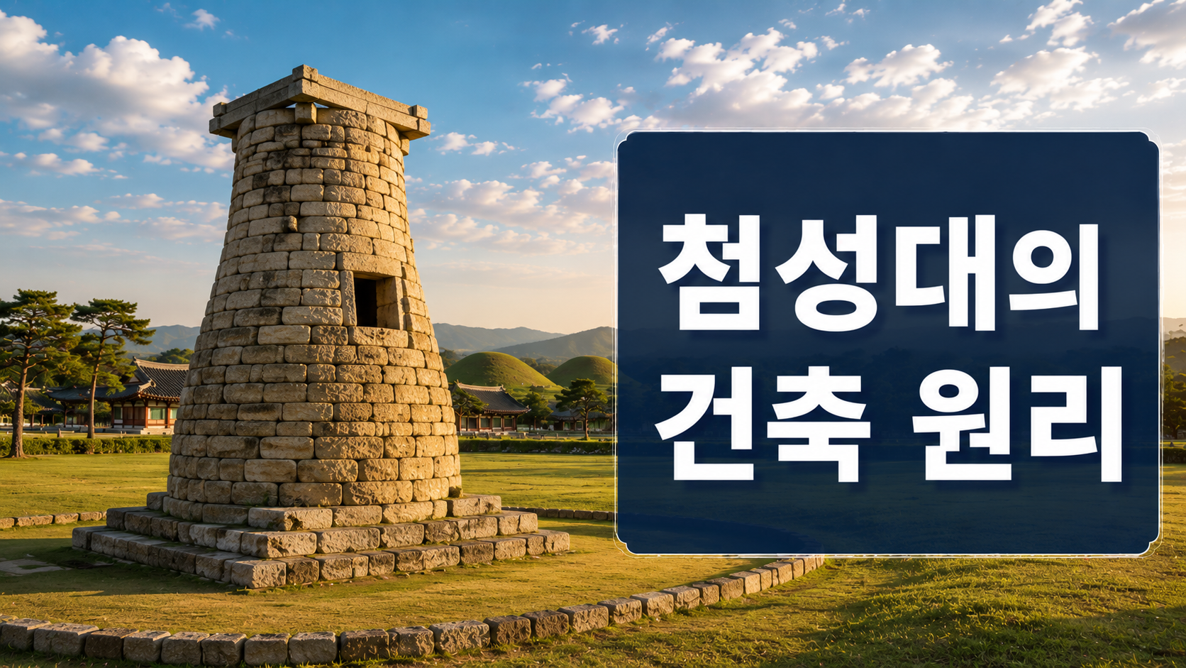 경주 첨성대와 신라 고분군을 배경으로 첨성대의 과학적인 건축 원리를 표현한 역사 다큐멘터리 스타일 대표 이미지.