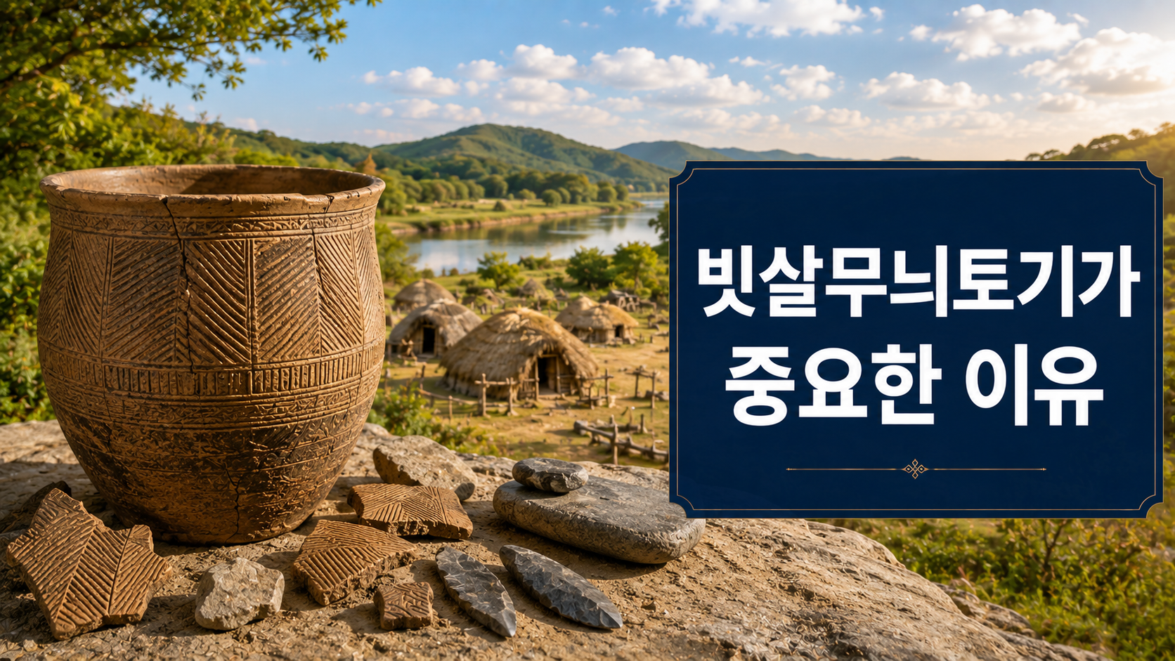 비파형동검과 다뉴세문경 등 고조선 청동문화를 대표하는 유물을 사실적으로 표현한 이미지.