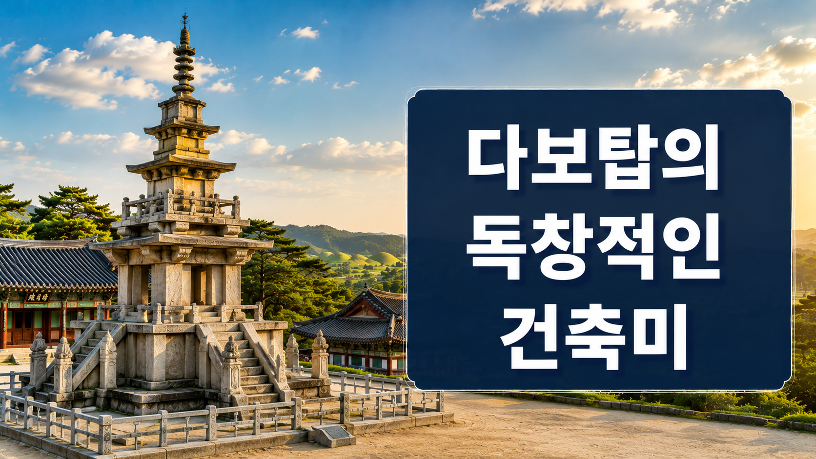 불국사 다보탑과 전통 사찰을 배경으로 통일신라 석조 건축의 독창적인 아름다움을 표현한 대표 이미지.