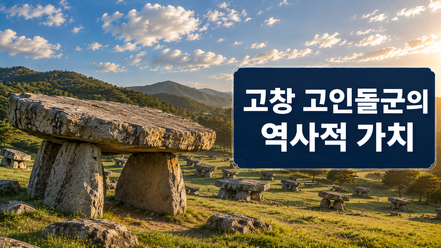 전북 고창 고인돌군의 거대한 고인돌과 넓은 초원을 사실적으로 표현한 역사 다큐멘터리 스타일 대표 이미지.