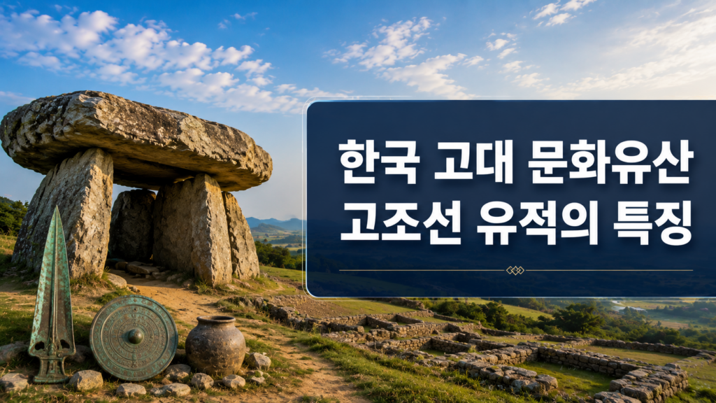 고인돌과 비파형 동검, 청동 거울, 토기가 함께 배치되어 고조선 시대 문화유산의 특징을 표현한 대표 이미지.