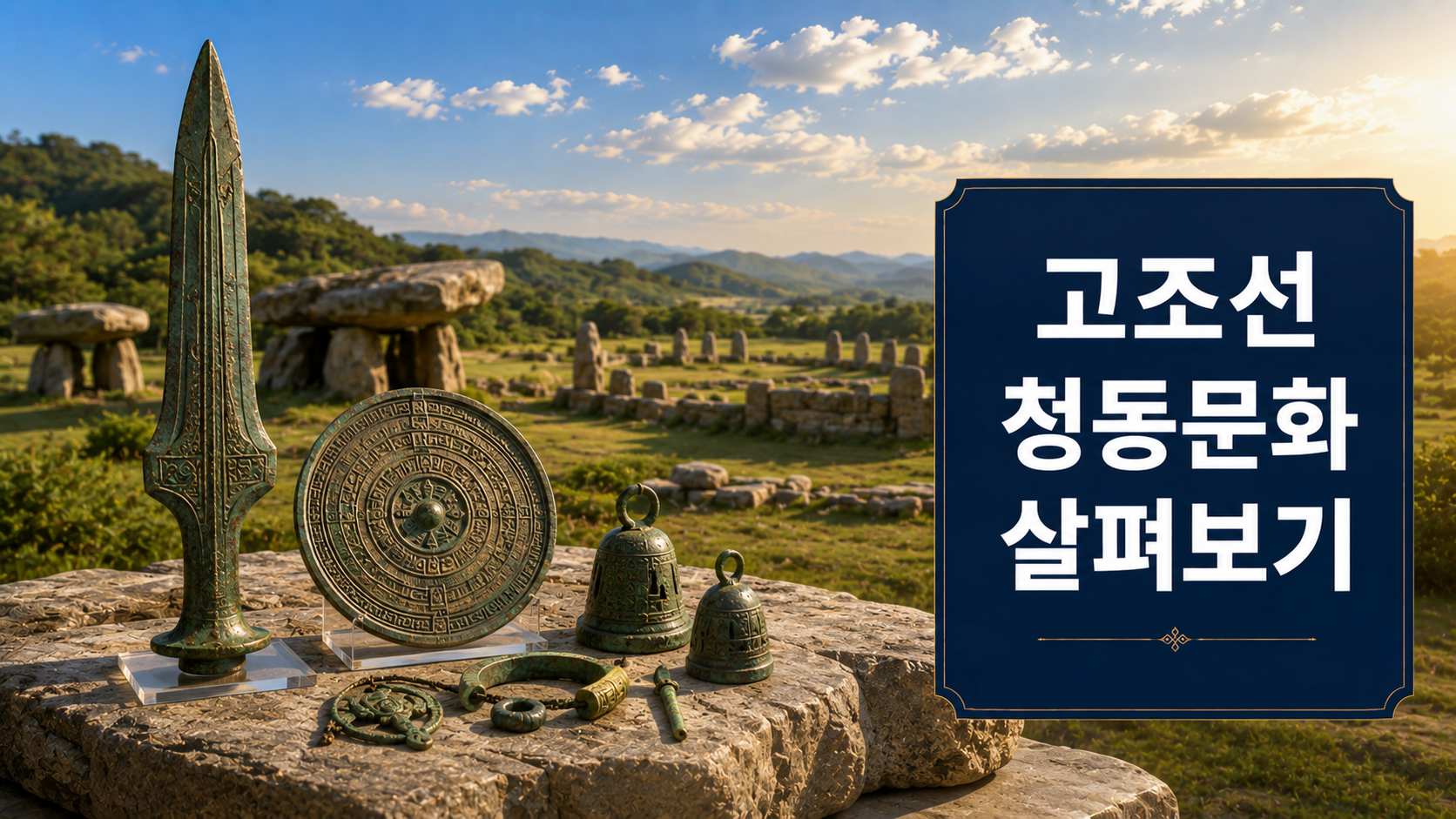 비파형동검과 다뉴세문경 등 고조선 청동문화를 대표하는 유물을 사실적으로 표현한 이미지.