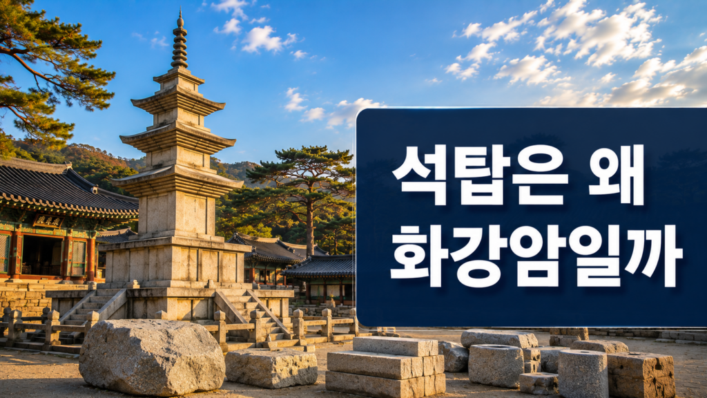 화강암으로 만든 통일신라 석탑과 화강암 원석을 배경으로 석탑 제작 재료의 특징을 설명하는 대표 이미지.
