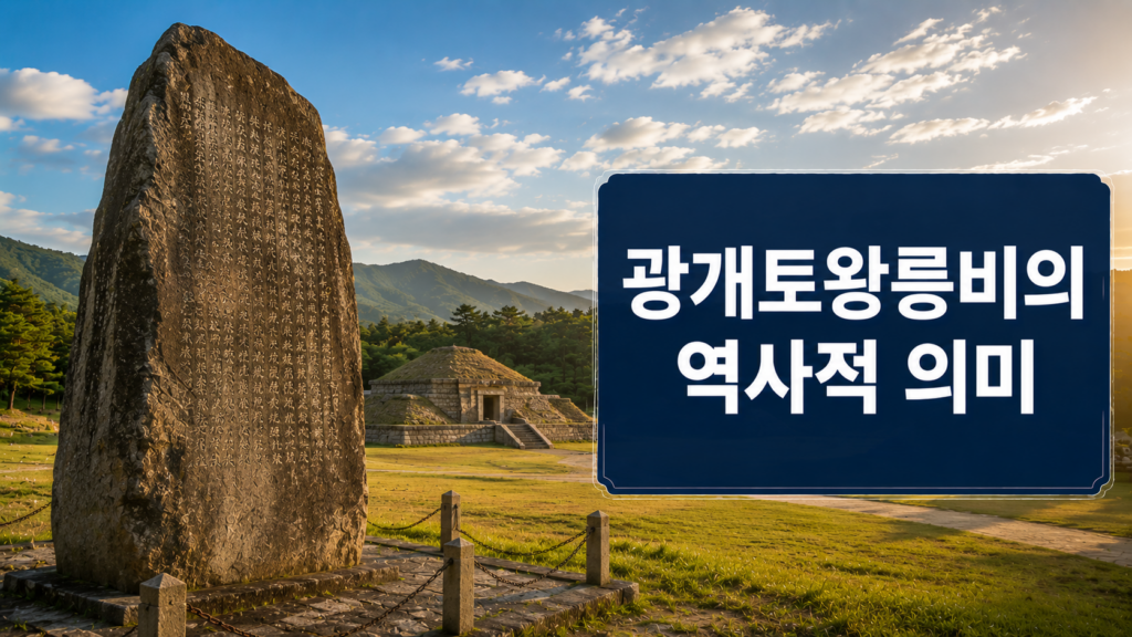 광개토왕릉비와 고구려 고분군을 사실적으로 표현한 역사 다큐멘터리 스타일 대표 이미지.