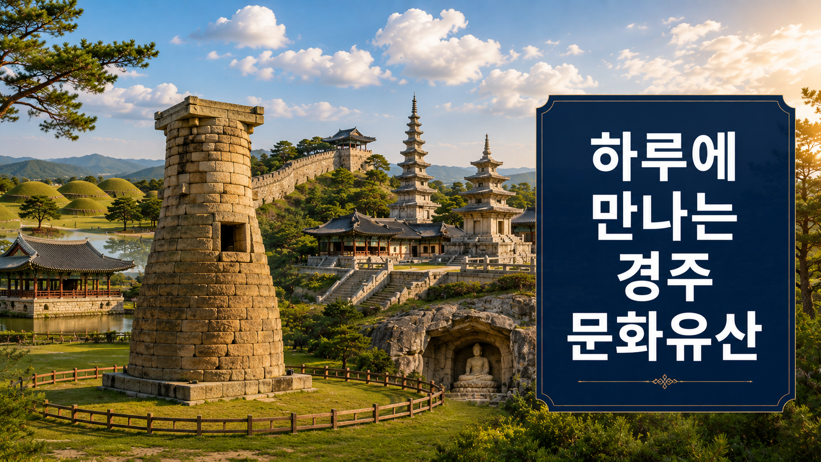 첨성대와 불국사, 대릉원 등 경주의 대표 문화유산을 한 장면에 담은 역사 답사 이미지.