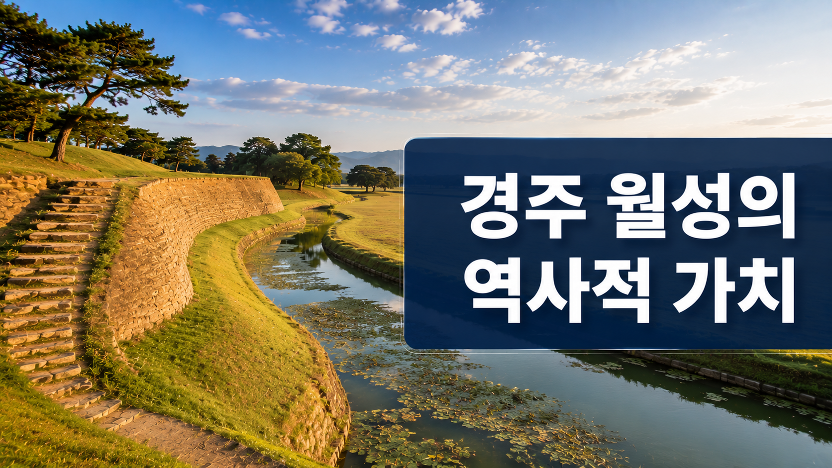 경주 월성의 흙 성벽과 해자, 초원을 배경으로 신라 왕궁의 역사적 가치를 표현한 대표 이미지.