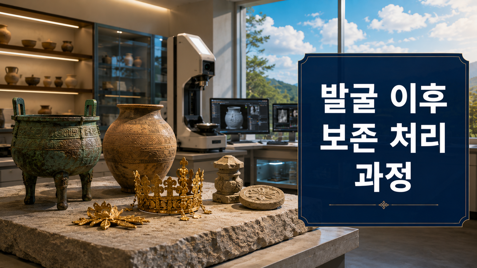 국립박물관 보존과학실을 배경으로 청동 유물과 토기 등이 보존 처리되는 모습을 표현한 이미지.