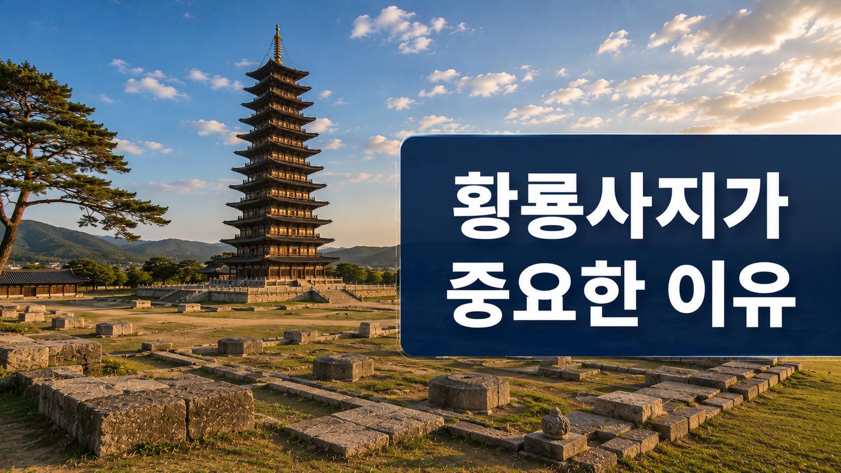 황룡사지 사찰 터와 신라 9층 목탑 복원 모습을 배경으로 한국 불교사의 역사적 가치를 표현한 대표 이미지.