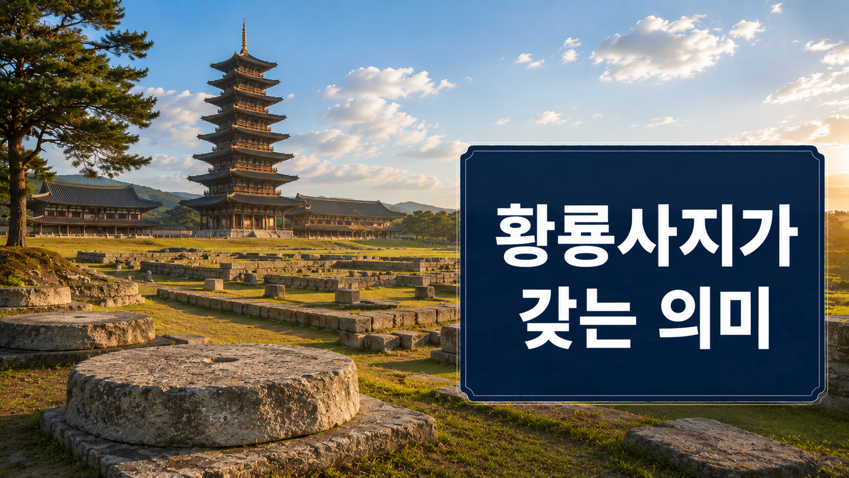 경주 황룡사지 절터와 복원된 황룡사 9층 목탑을 사실적으로 표현한 역사 다큐멘터리 스타일 대표 이미지.
