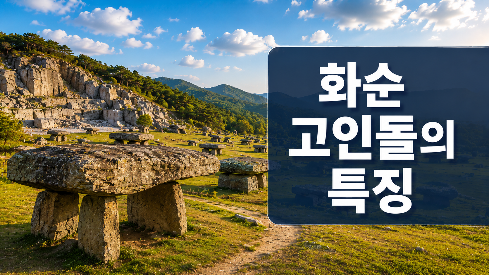 화순 고인돌과 채석장 흔적, 넓은 초원을 배경으로 선사시대 거석문화의 특징을 표현한 대표 이미지.