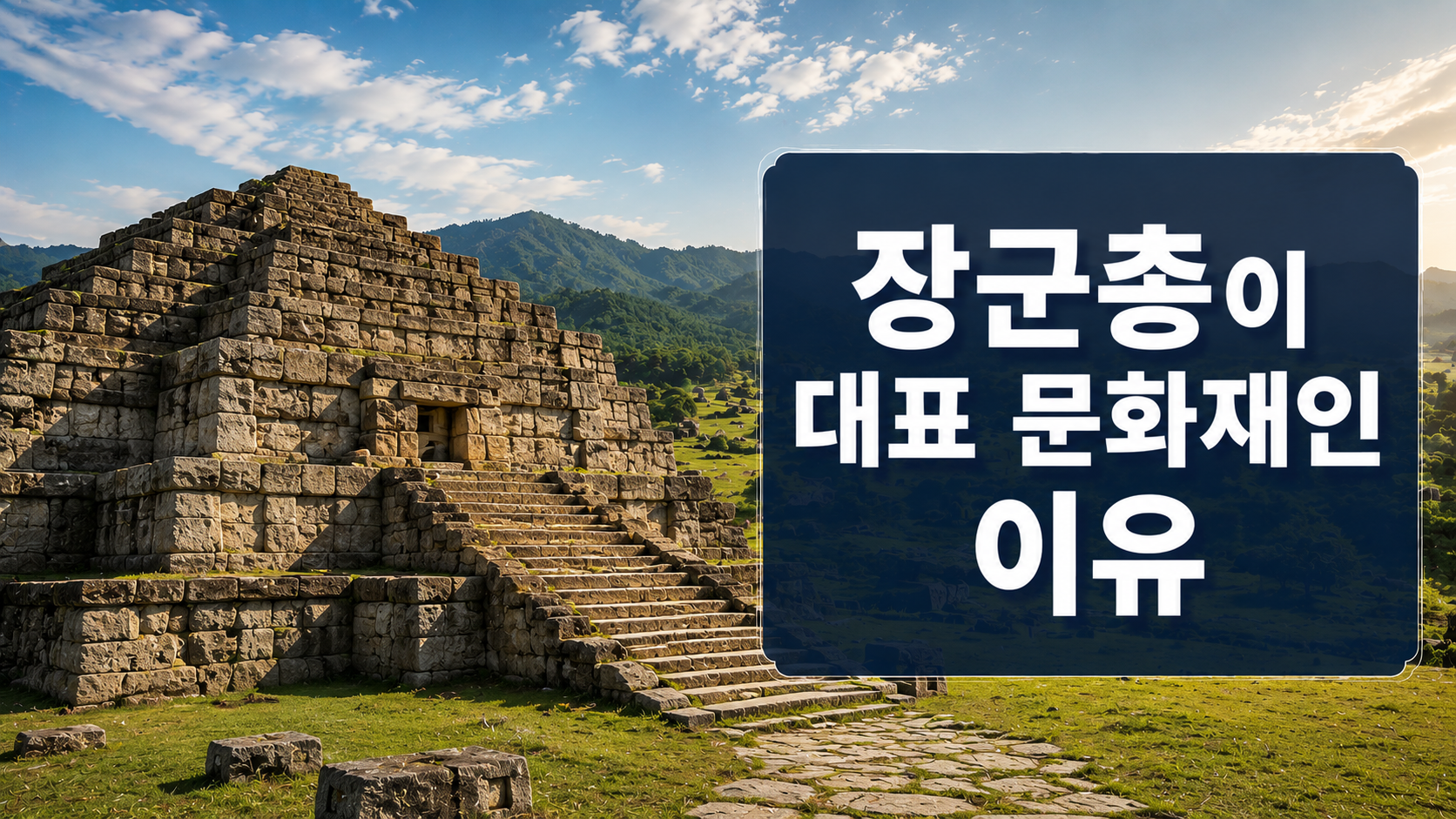고구려 장군총의 웅장한 돌무지계단무덤과 고분군 풍경을 배경으로 역사적 가치를 표현한 대표 이미지.
