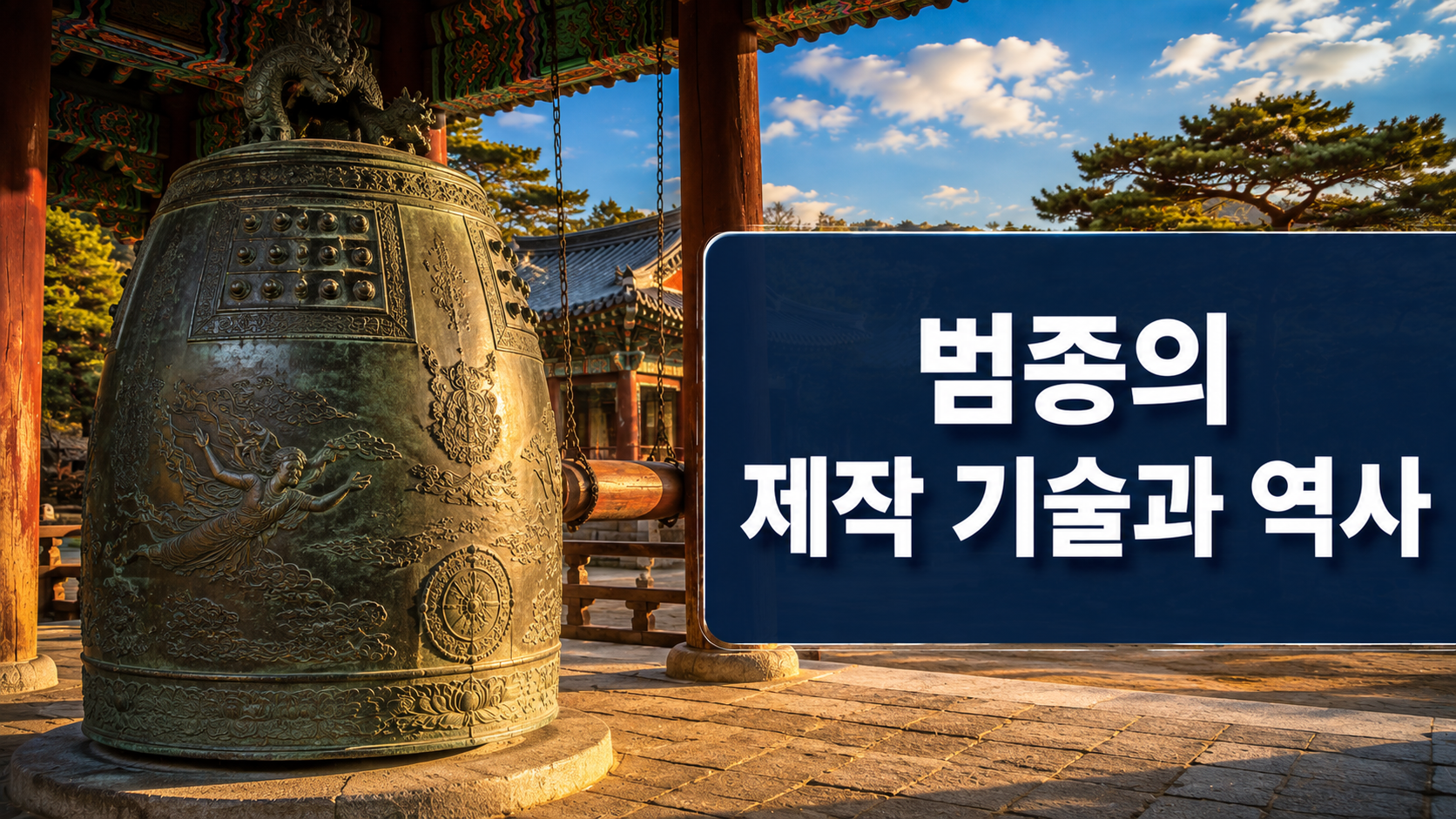 통일신라 시대 범종과 전통 종각을 배경으로 한국 범종의 제작 기술과 역사를 표현한 대표 이미지.