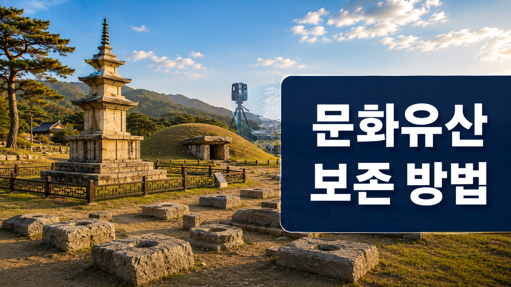 화강암 석탑과 고분, 궁궐 터를 배경으로 현대 보존 기술을 상징적으로 표현한 한국 문화유산 보존 대표 이미지.