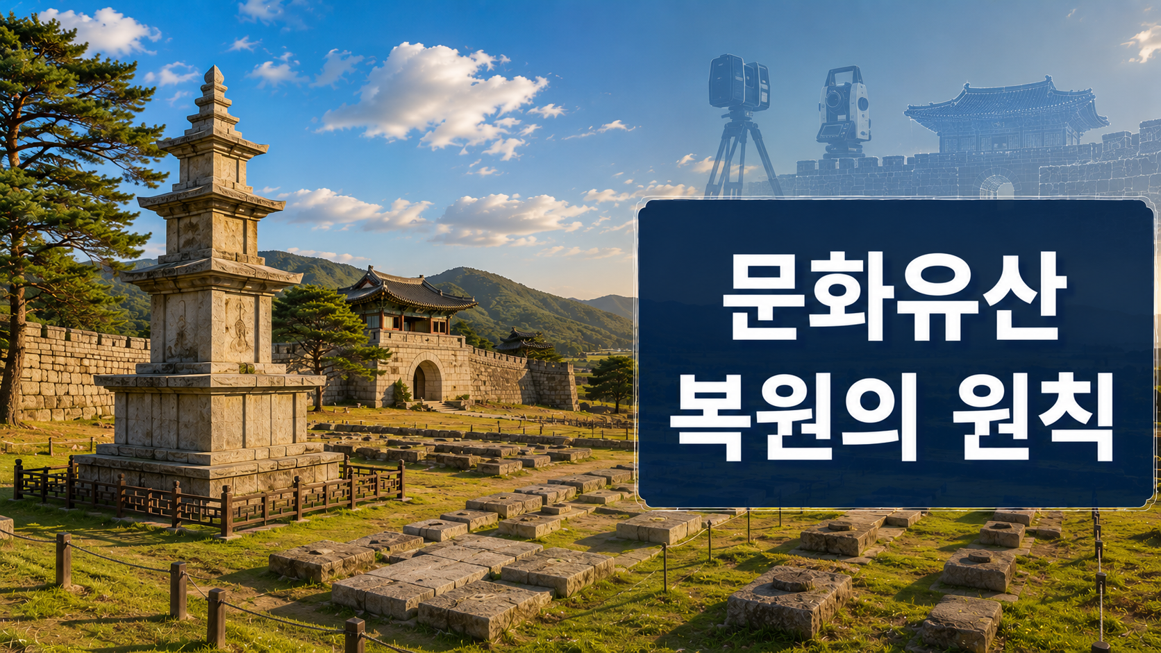 한국의 석탑과 궁궐 터를 중심으로 원형 보존과 현대 복원 기술을 함께 표현한 역사 다큐멘터리 스타일 대표 이미지.