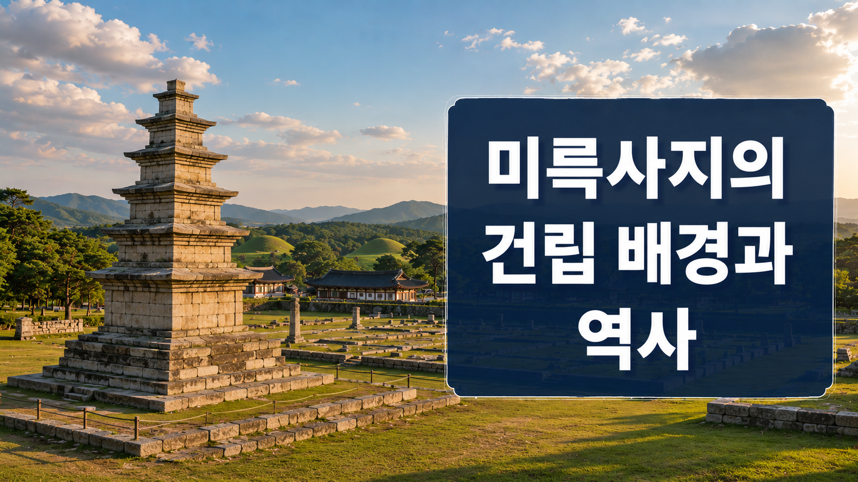 미륵사지 석탑과 사찰 터, 백제 미륵사 복원 이미지를 배경으로 백제 최대 사찰의 건립 배경과 역사를 표현한 대표 이미지.