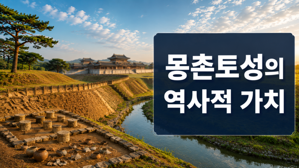몽촌토성의 흙 성벽과 해자, 백제 왕궁 복원 이미지를 배경으로 한성백제 왕성의 역사적 가치를 표현한 대표 이미지.