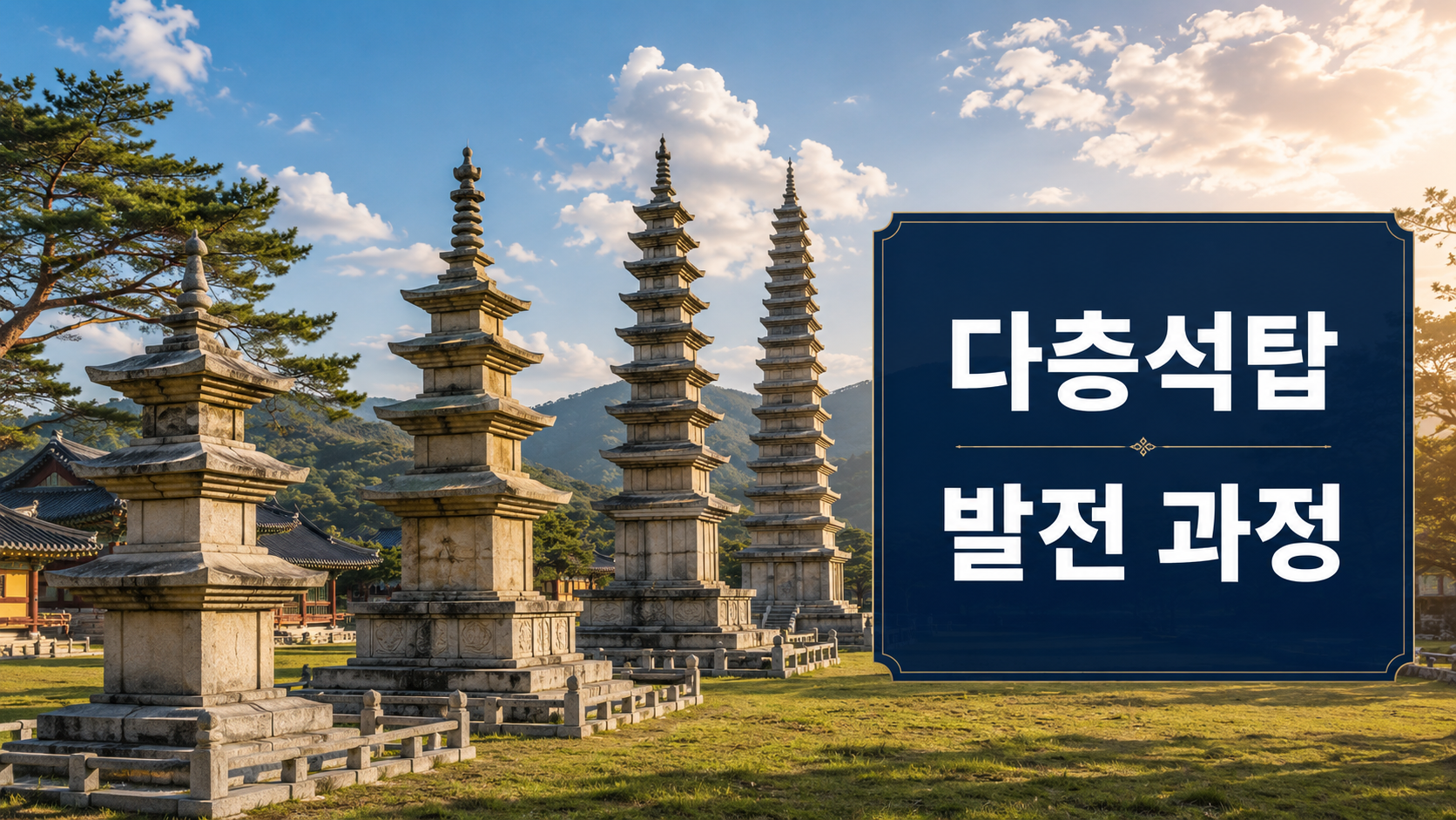 통일신라 삼층석탑에서 고려 시대 다층석탑으로 이어지는 한국 석탑의 발전 과정을 사실적으로 표현한 대표 이미지.