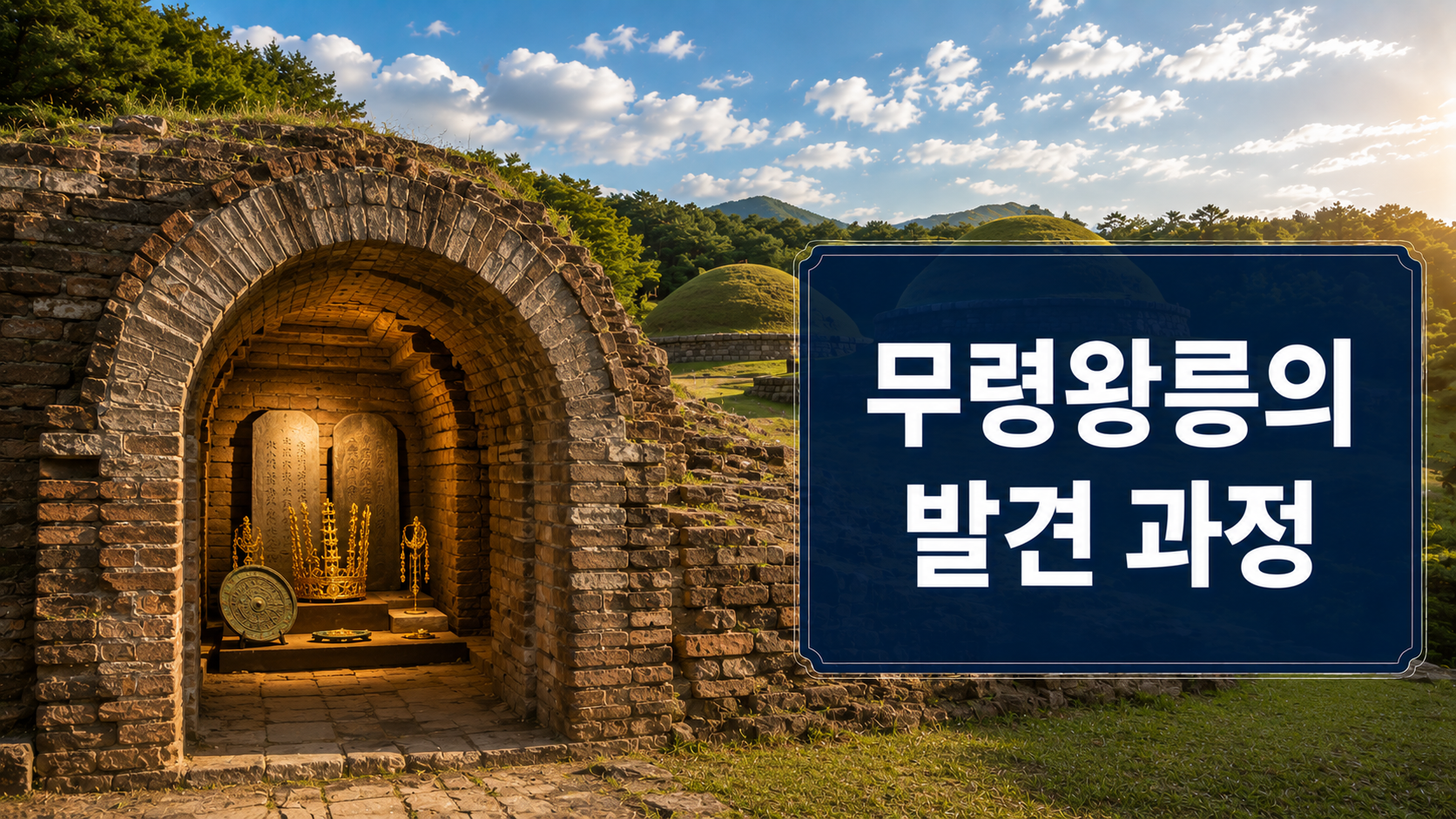 공주 송산리 고분군의 무령왕릉과 벽돌무덤, 대표 출토 유물을 사실적으로 표현한 역사 다큐멘터리 스타일 대표 이미지.