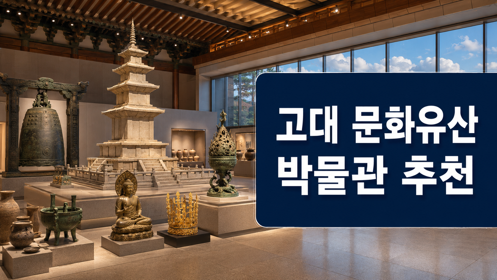 국립박물관 전시실에서 석가탑과 성덕대왕신종, 금동불상, 신라 금관 등 한국 고대 문화유산을 전시하는 모습을 표현한 대표 이미지.