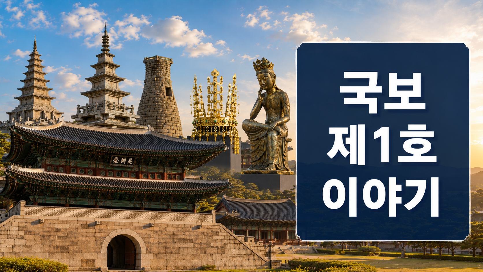 숭례문을 중심으로 석가탑, 다보탑, 첨성대, 신라 금관 등 대한민국을 대표하는 국보를 사실적으로 표현한 역사 다큐멘터리 스타일 대표 이미지.