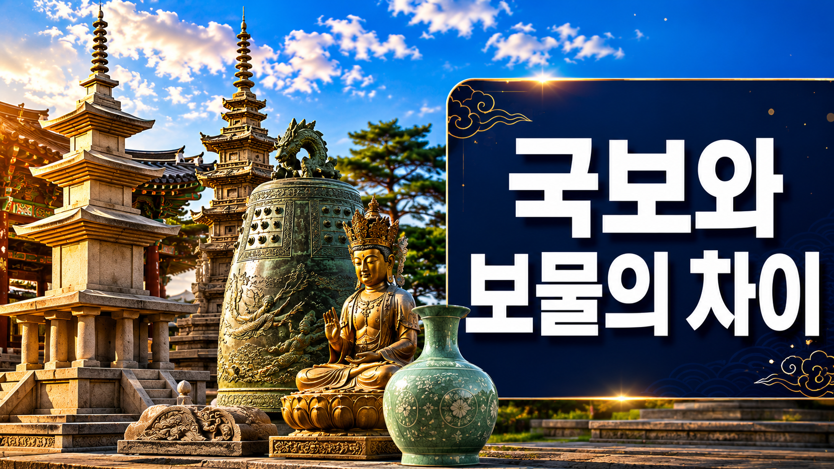 석가탑과 다보탑, 범종, 금동불상 등 한국을 대표하는 문화유산을 배경으로 국보와 보물의 차이를 설명하는 대표 이미지.