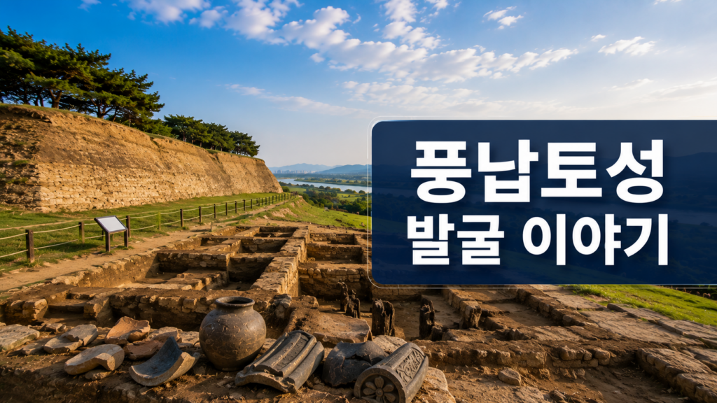 풍납토성의 흙 성벽과 백제 시대 발굴 현장을 사실적으로 표현한 대표 이미지.