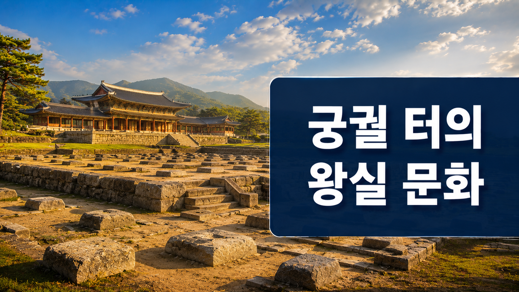 고대 궁궐 터의 주춧돌과 기단, 복원된 왕궁을 배경으로 왕실 문화를 표현한 역사 다큐멘터리 스타일 대표 이미지.