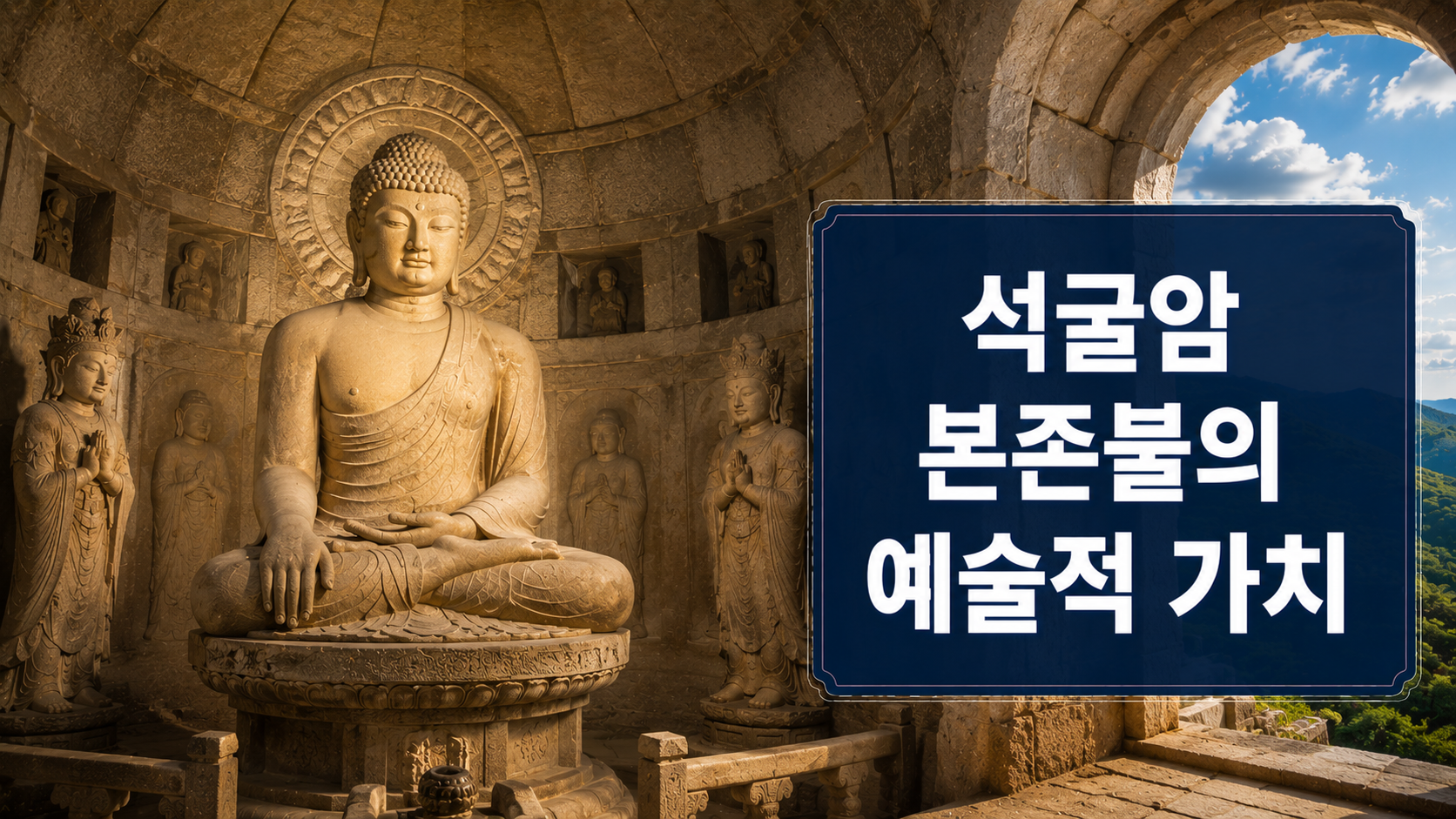 경주 석굴암 본존불과 원형 석굴 구조를 사실적으로 표현한 역사 다큐멘터리 스타일 대표 이미지.