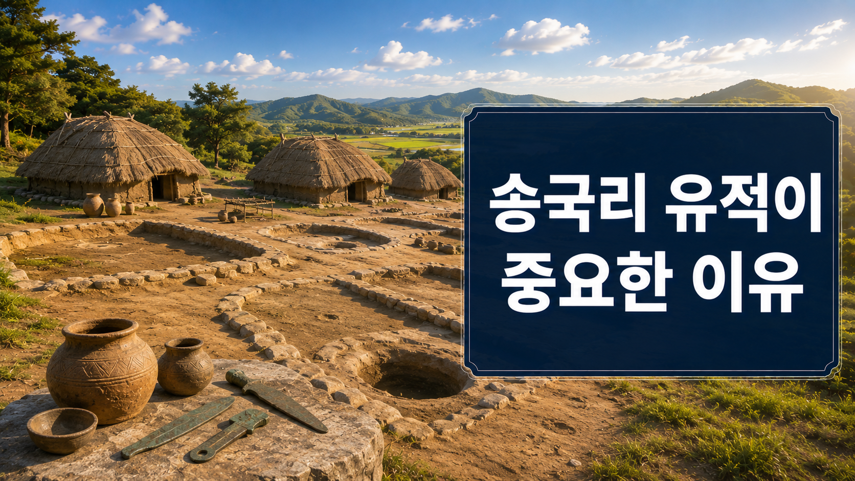 충남 부여 송국리 유적의 집자리와 청동기시대 움집, 생활 유물을 사실적으로 표현한 역사 다큐멘터리 스타일 대표 이미지.