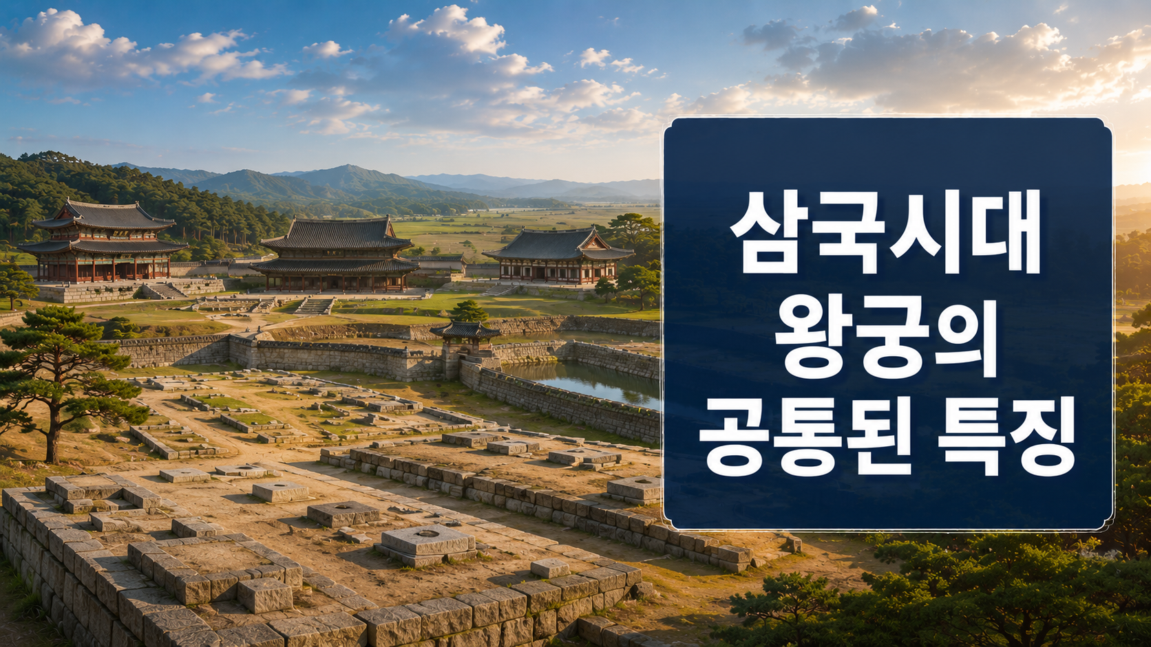 삼국시대 왕궁 터와 복원된 고구려·백제·신라 왕궁을 배경으로 왕궁의 공통된 구조와 건축 특징을 표현한 역사 다큐멘터리 스타일 대표 이미지.