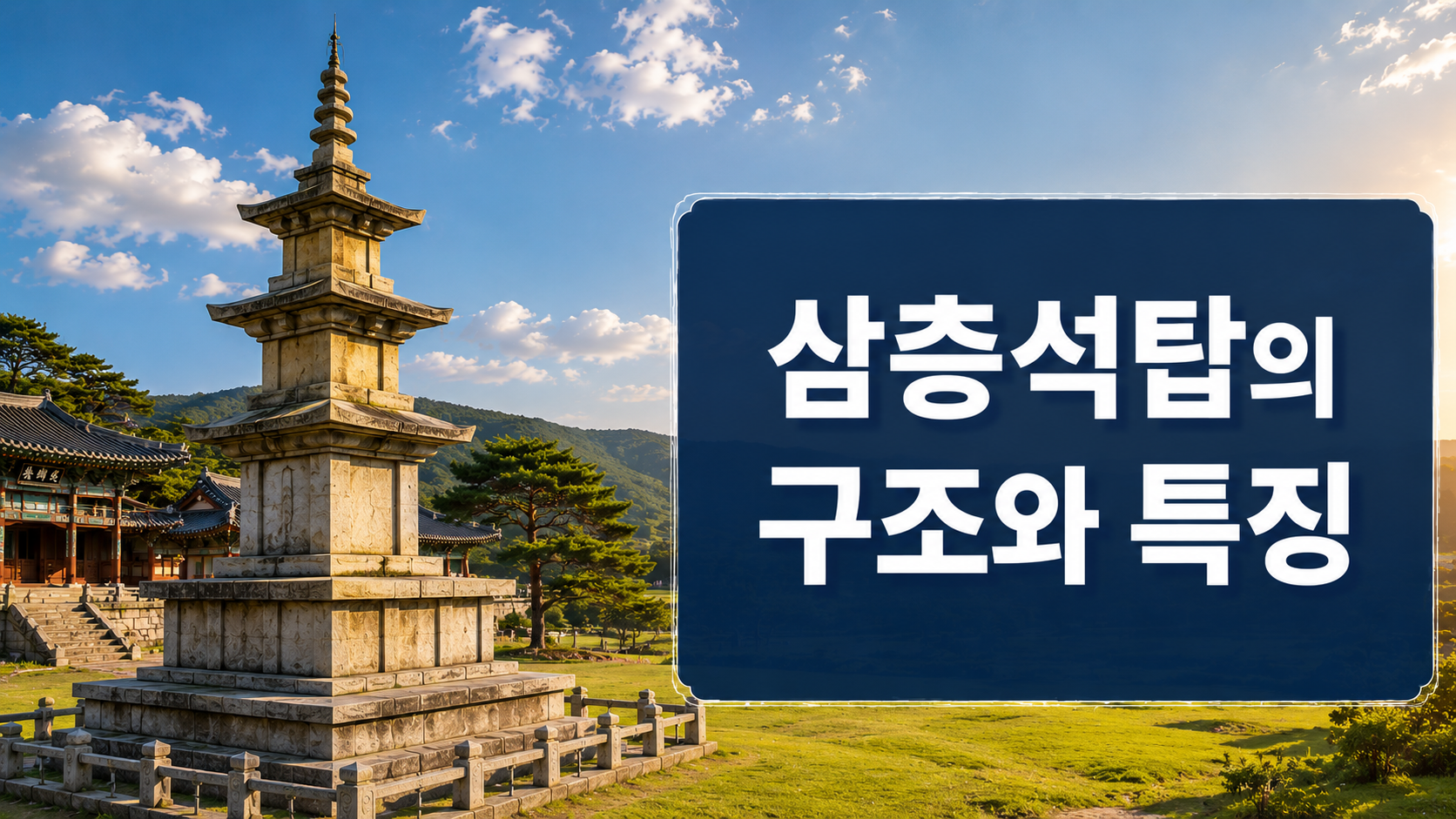 통일신라 시대 삼층석탑과 전통 사찰을 배경으로 화강암 석탑의 구조와 균형미를 사실적으로 표현한 역사 다큐멘터리 스타일 대표 이미지.