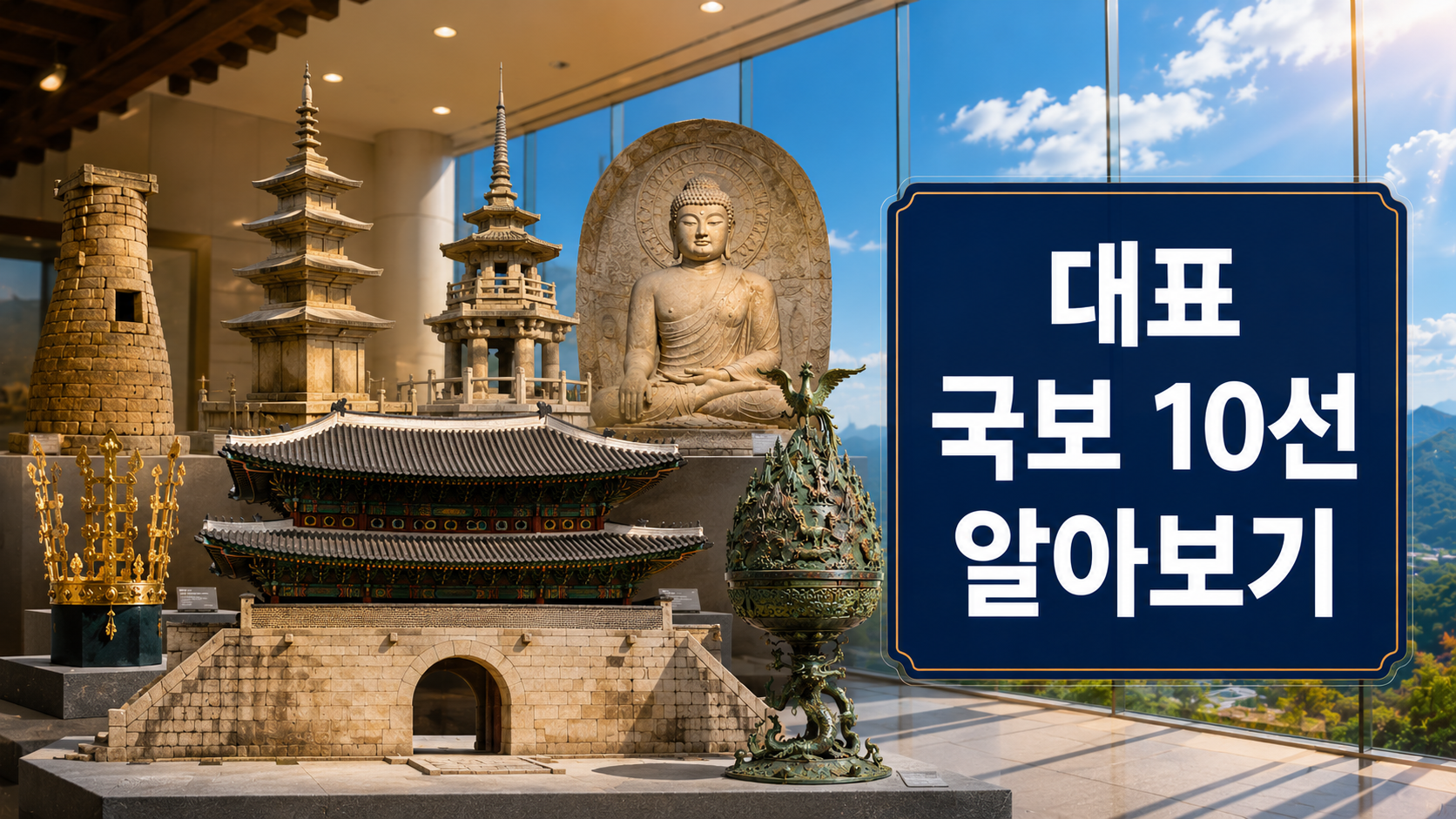 대한민국 대표 국보인 숭례문, 다보탑, 석가탑, 첨성대, 신라 금관, 백제 금동대향로 등을 사실적으로 표현한 역사 다큐멘터리 스타일 대표 이미지.