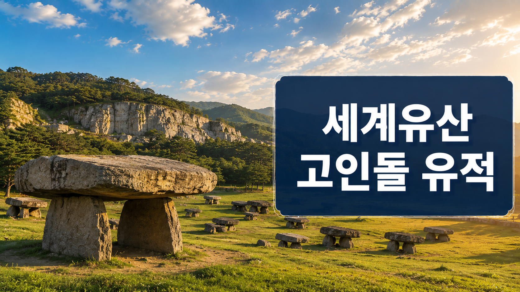세계유산으로 등재된 한국의 고인돌 유적과 거대한 거석문화, 초원과 채석장을 사실적으로 표현한 역사 다큐멘터리 스타일 대표 이미지.
