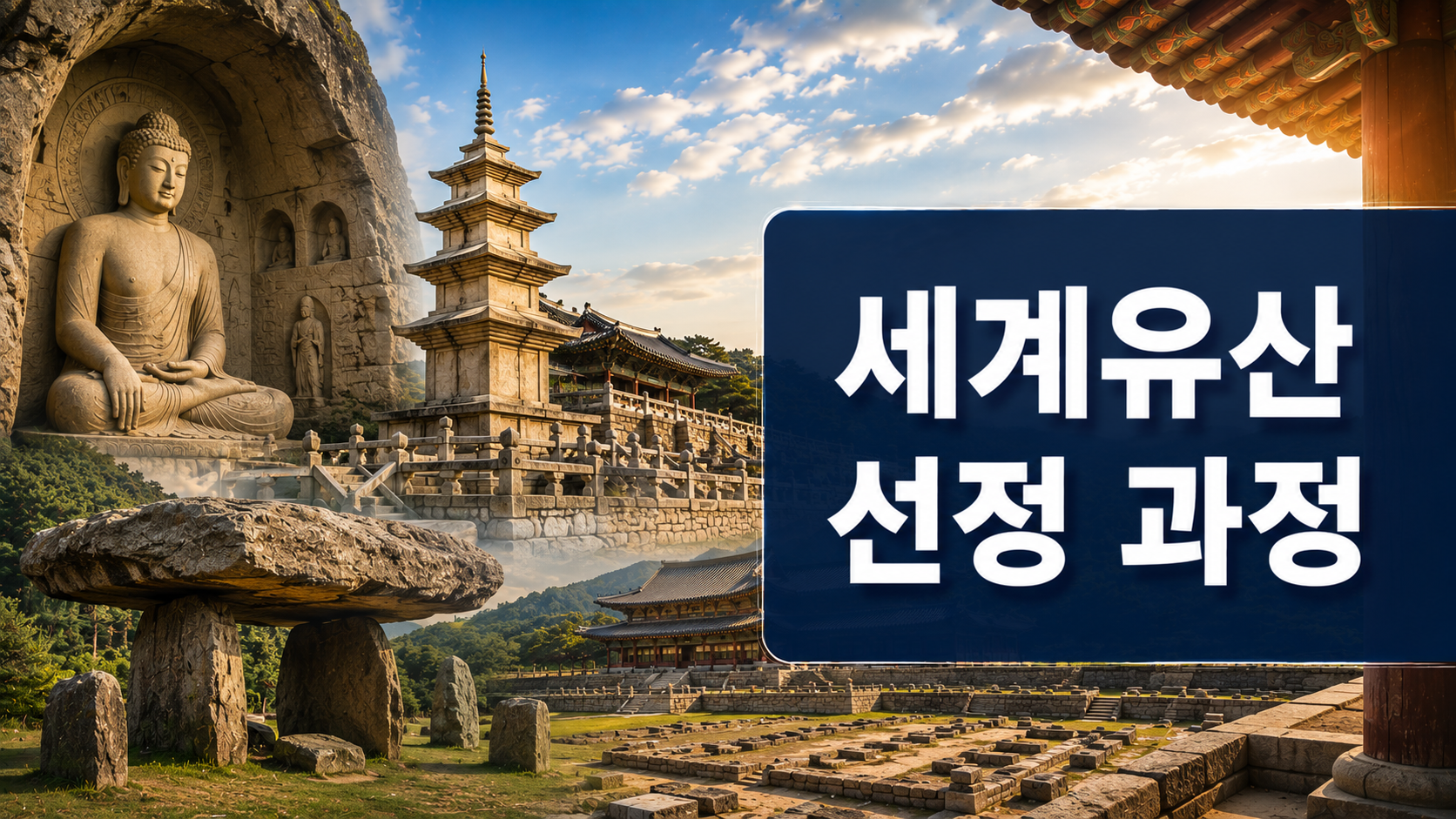 석굴암과 석가탑, 강화 고인돌 등 한국의 대표 세계유산을 배경으로 유네스코 세계유산 선정 과정을 표현한 역사 다큐멘터리 스타일 대표 이미지.
