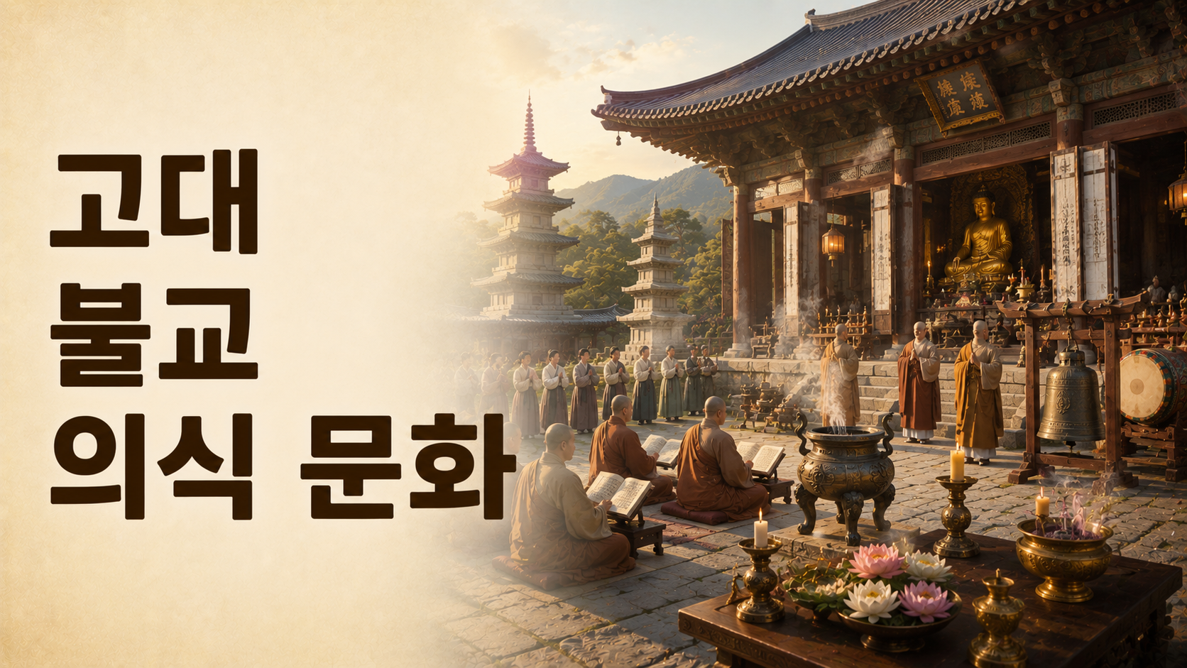 고대 사찰에서 승려와 신도들이 불교 의식을 진행하는 모습을 사실적으로 재현한 대표 이미지