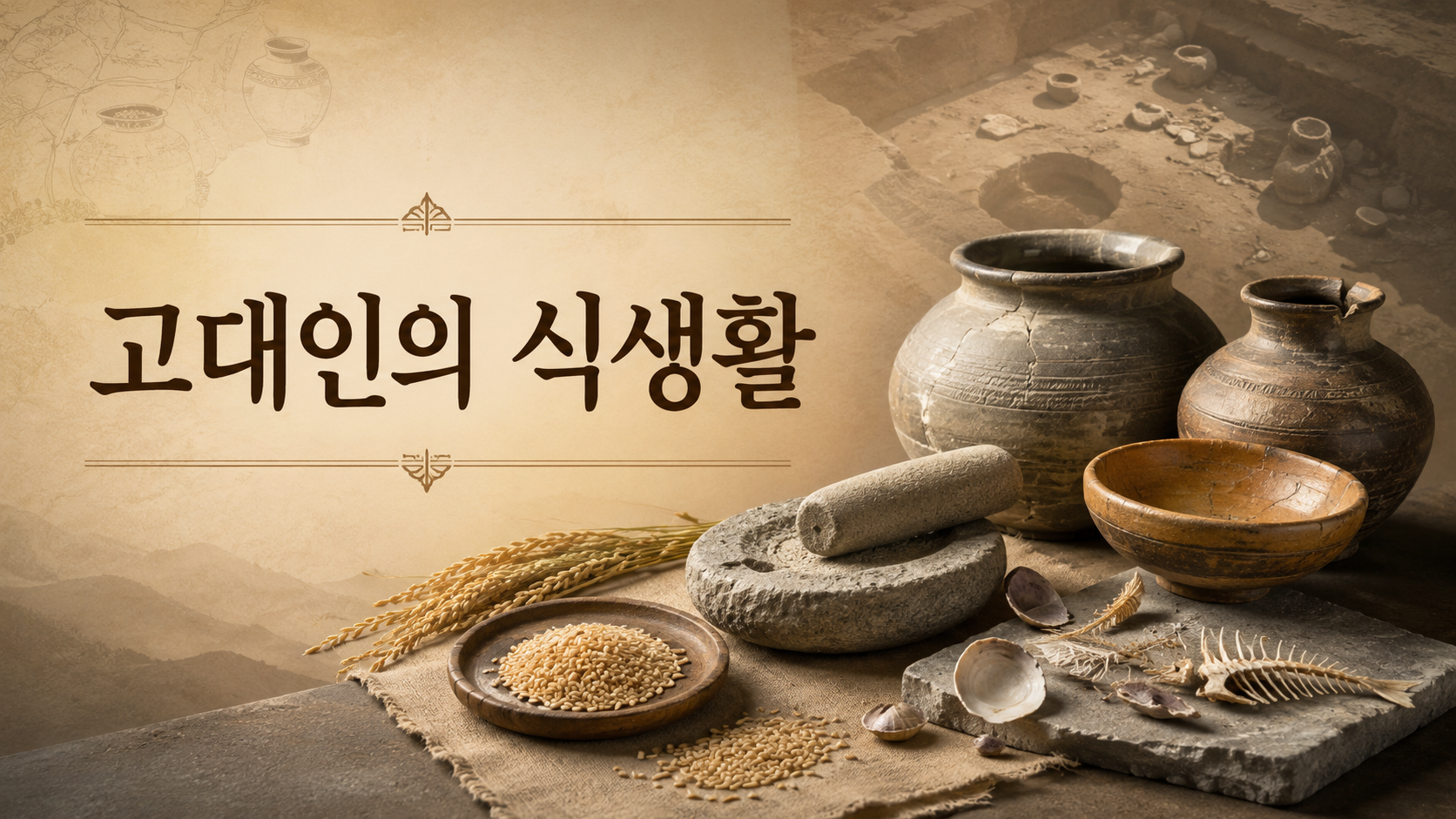 한국 고대 문화유산에서 출토된 토기와 곡물, 갈돌, 조개껍데기 등을 통해 고대인의 식생활을 표현한 이미지
