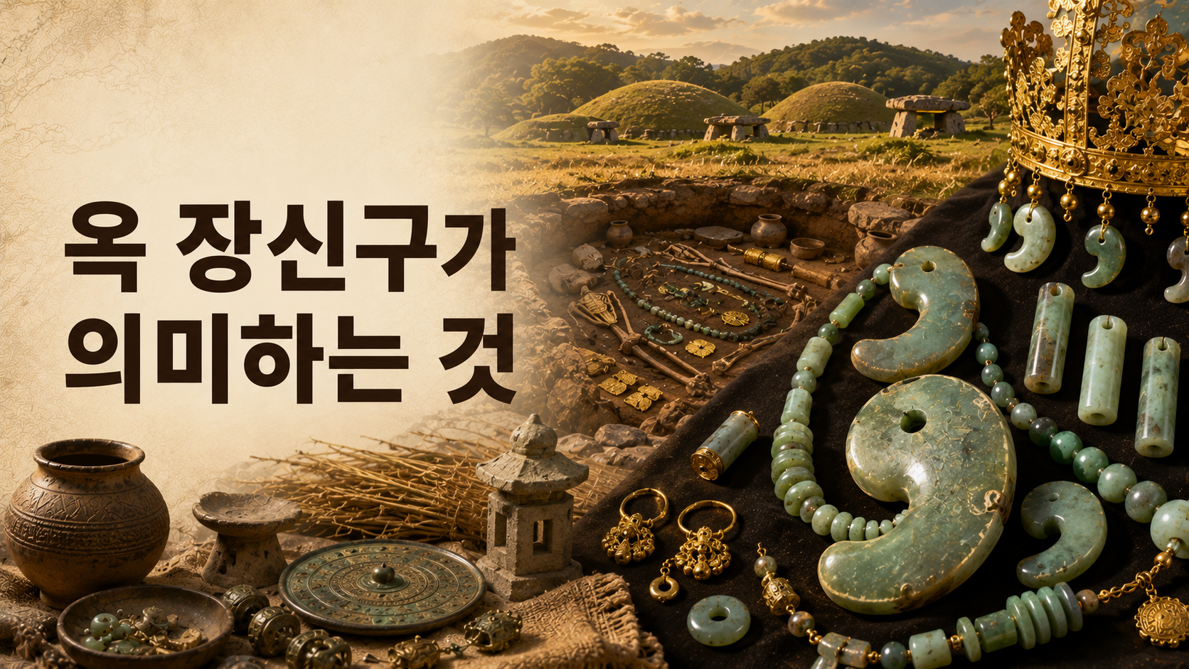 한국 고대 옥 장신구와 곡옥, 옥 구슬 목걸이를 중심으로 신분과 장례 의례의 의미를 표현한 이미지.
