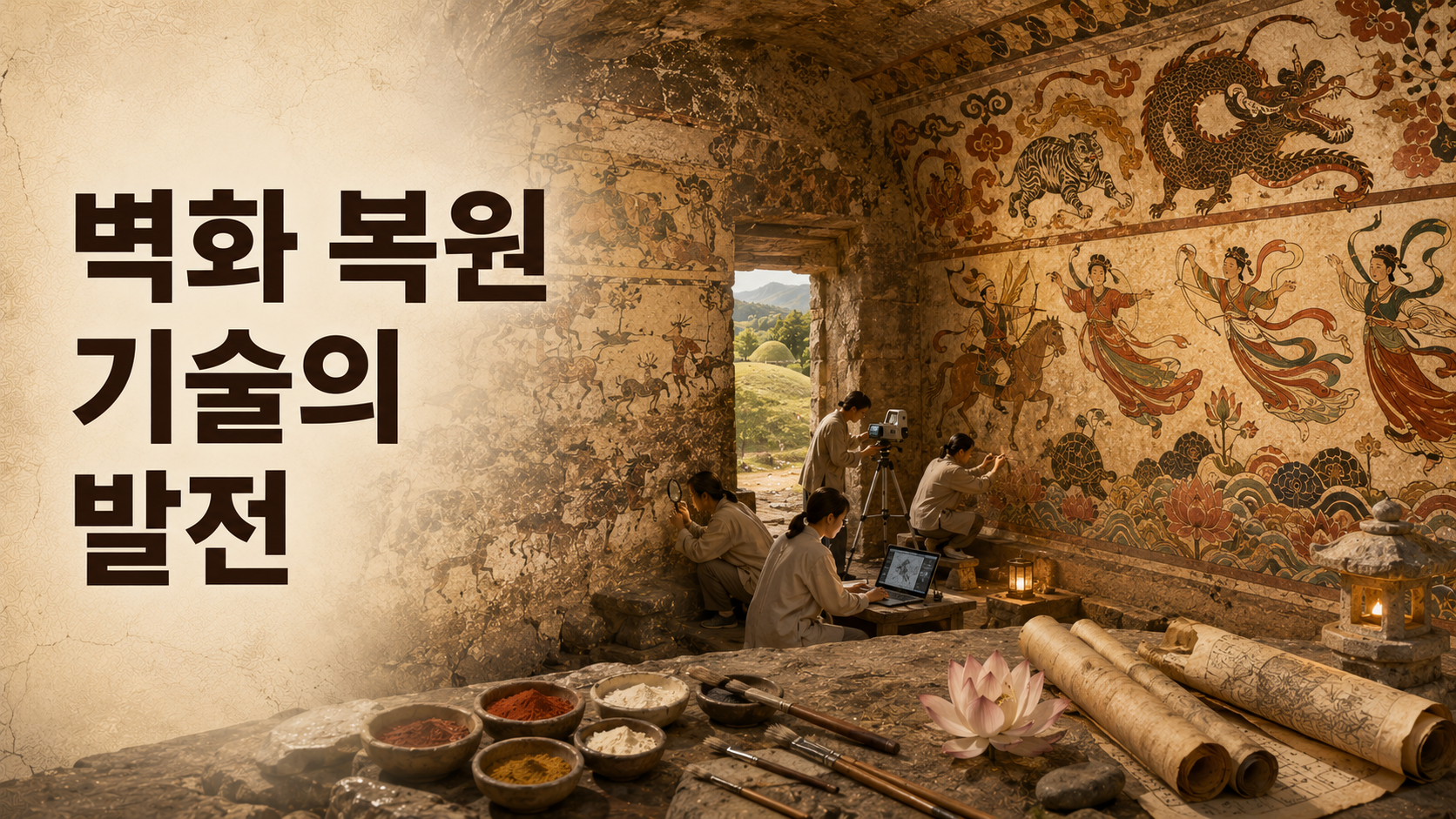 고구려 고분벽화를 중심으로 복원 전후 모습과 보존 과학 기술의 발전 과정을 사실적으로 표현한 한국 고대 문화유산 이미지.