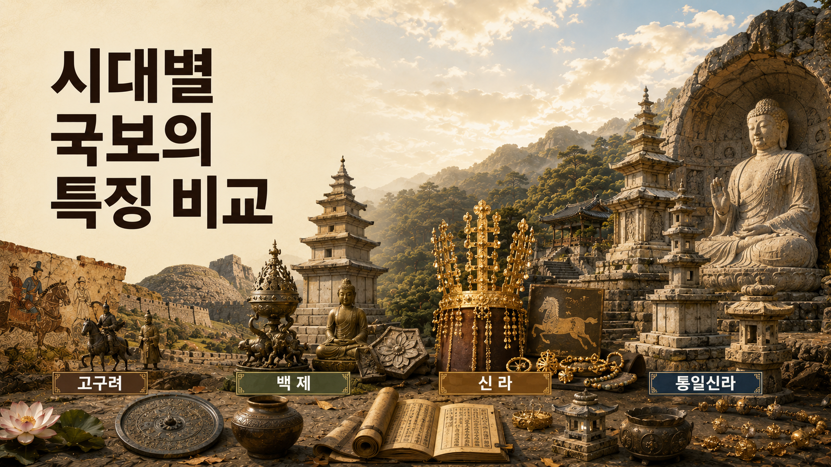 고구려, 백제, 신라, 통일신라를 대표하는 국보를 시대별로 비교하여 한 장면에 사실적으로 표현한 한국 고대 문화유산 이미지.