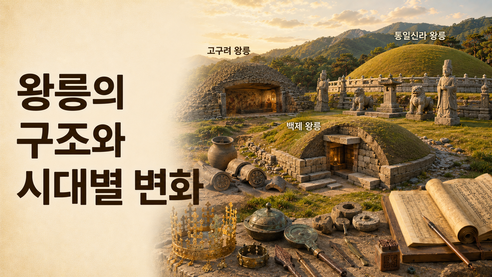 고구려, 백제, 신라의 왕릉 구조와 시대별 변화를 사실적으로 비교해 재현한 대표 이미지