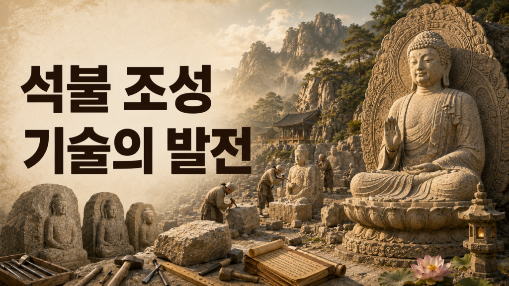 초기 석불에서 통일신라의 완성도 높은 석불까지 이어지는 조각 기술의 발전 과정을 담은 한국 고대 문화유산 대표 이미지.