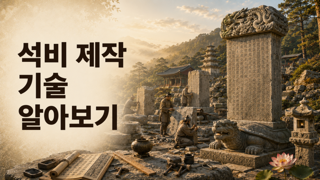 한국 고대 석비 제작 기술과 비문 조각 과정, 귀부와 이수 구조를 한눈에 이해할 수 있도록 구성한 프리미엄 역사 문화유산 대표 이미지.