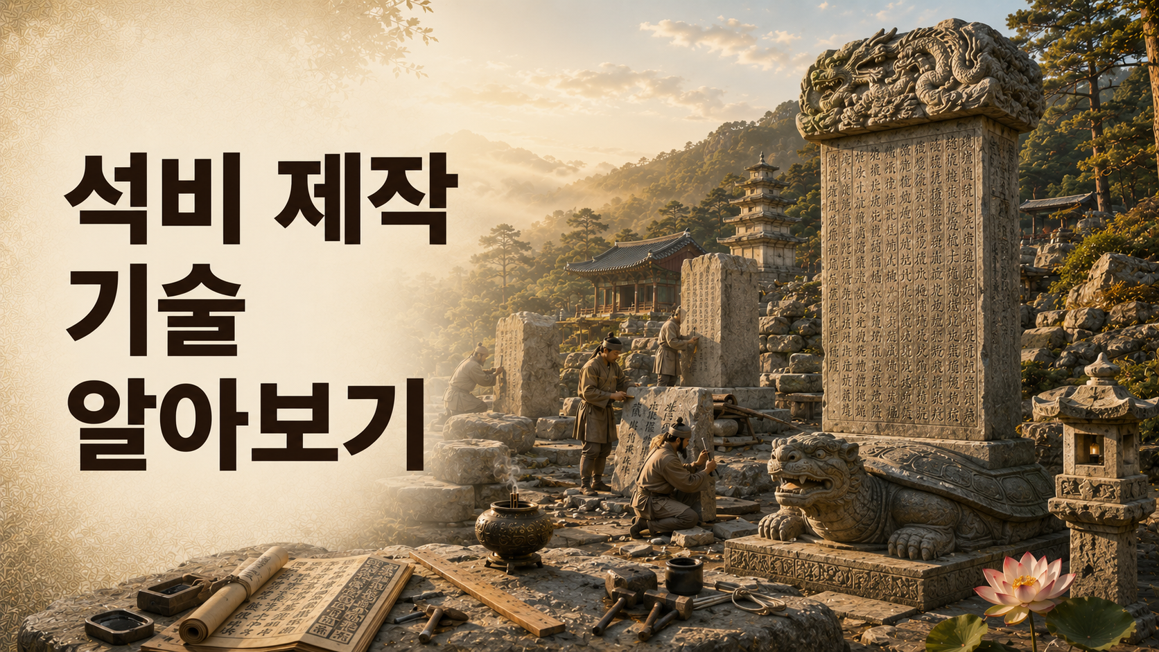 한국 고대 석비 제작 과정을 장인이 비문을 새기는 모습과 완성된 귀부·이수 구조의 석비로 사실적으로 표현한 역사 문화유산 이미지.